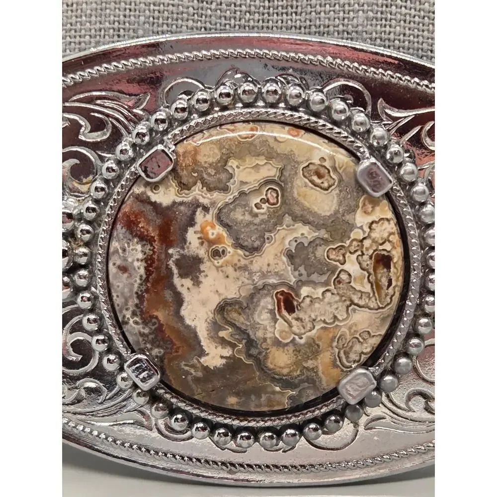 Western belt Buckle Engraved Silver-Tone With A Polished Agate Gemstone Cabochon